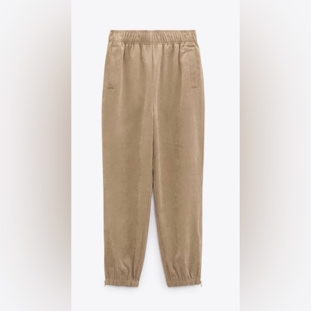 Nwt Zara Women's Jogger Pants Golden Zipper At Hem Beige Size Small